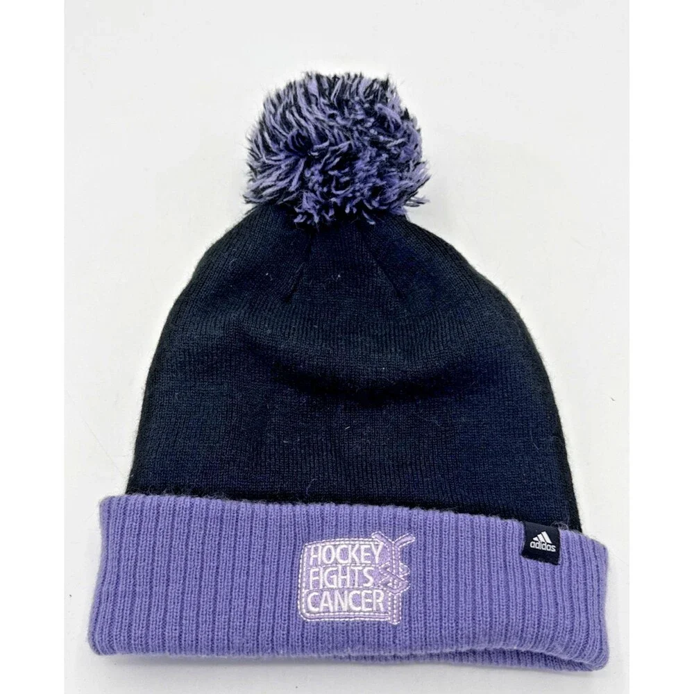 Vegas Golden Knights Hockey Fights Cancer Cuffed Knit Pom Beanie Hat Purple/Blac